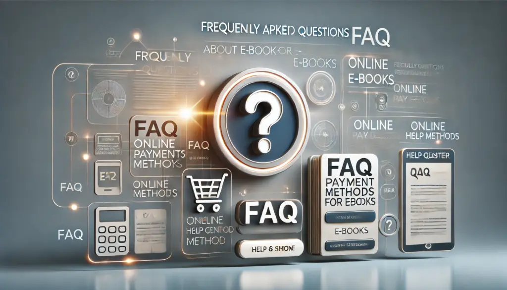 Amazon電子書籍の支払い方法に関するよくある質問（FAQ）を表すデジタルイラスト。ラップトップ画面にはヘルプセンターのインターフェースが表示され、周囲にはクレジットカード、Amazonギフト券、携帯キャリア決済などの支払い方法アイコンと浮かぶ質問マークが配置。背景には、カスタマーサポートの概念を示すチャットバブルやフレンドリーなサポートアシスタントのアイコンが描かれ、Amazon支払いに関する情報を探しやすくするサポート体制を表現。