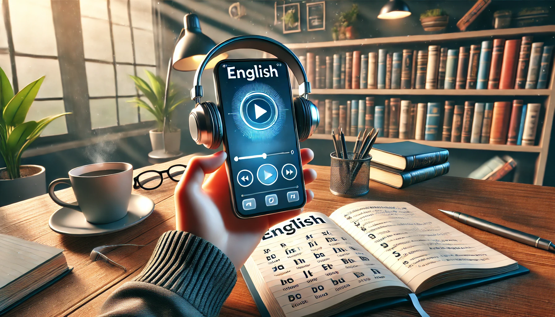 英語学習中の人物がスマートフォンでオーディオブックを聴きながらノートに語彙をメモする様子。落ち着いた部屋で集中して学習するシーンを描いたイラスト。