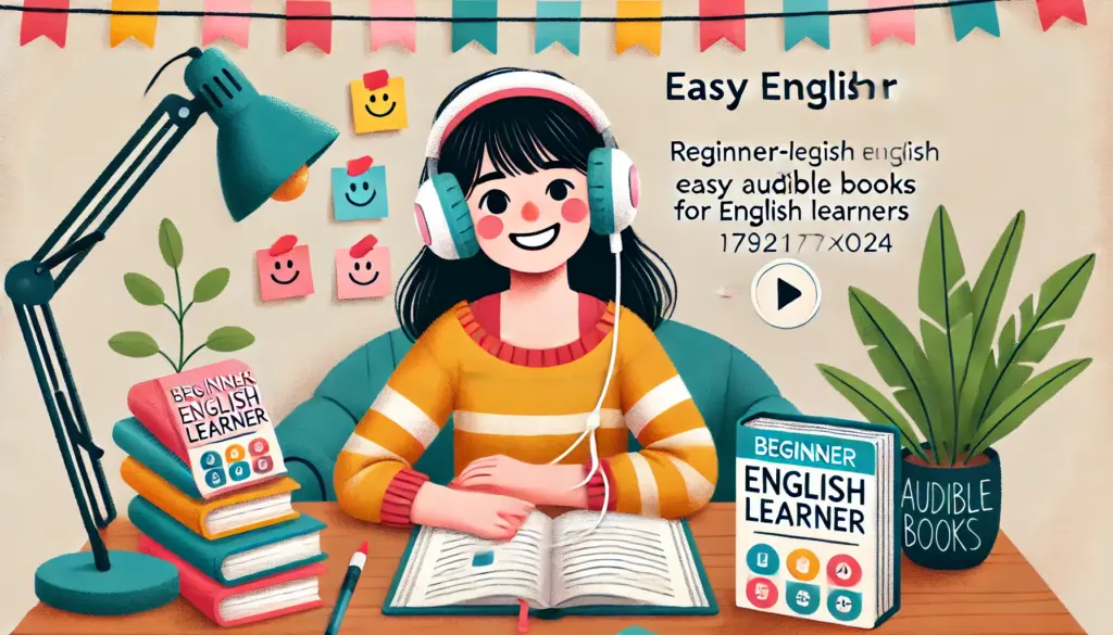 明るい雰囲気の部屋で、初心者向け英語のオーディオブックをヘッドフォンで聴きながらノートを取る学習者のイラスト。やさしい教材とリラックスした環境が描かれ、英語学習の第一歩にぴったりのシーン