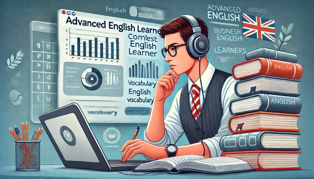 ビジネスや学術書に囲まれ、英語のオーディオブックを聴きながら集中して学習する中〜上級レベルの英語学習者のイラスト。語彙力や読解力を高める高度な学習シーン。