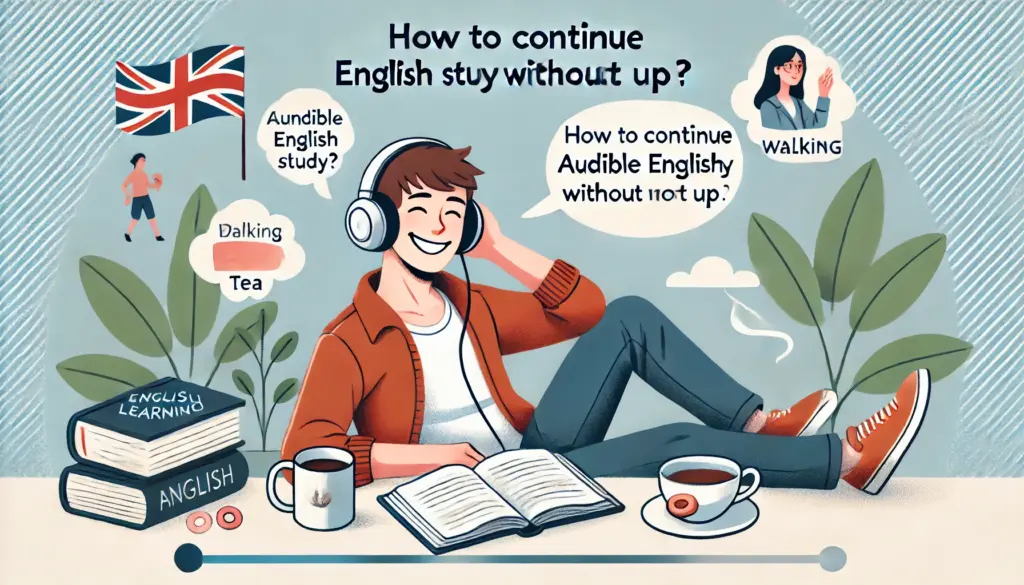 ビジネスや学術書に囲まれ、英語のオーディオブックを聴きながら集中して学習する中〜上級レベルの英語学習者のイラスト。語彙力や読解力を高める高度な学習シーン。