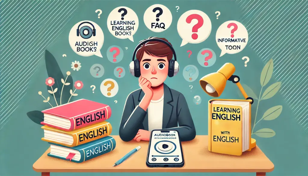 英語学習やオーディオブックの使い方について疑問を抱く人物がデスクに座っているイラスト。周囲には英語教材やスマートフォンがあり、質問マークが浮かぶ場面。