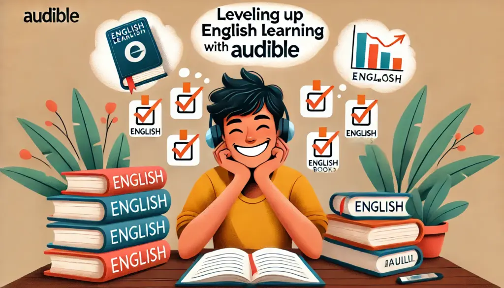 英語学習の達成感を感じながら、笑顔で振り返る学習者のイラスト。周囲にはチェックマーク付きのノートや英語教材があり、継続と成功を象徴するシーン。