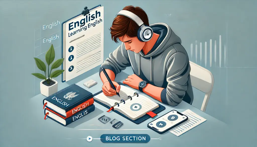 英語のオーディオブックをスマートフォンで聴きながら、ノートに学習内容を記録する人物のイラスト。英語学習における音声教材の効果を検証するシーン。