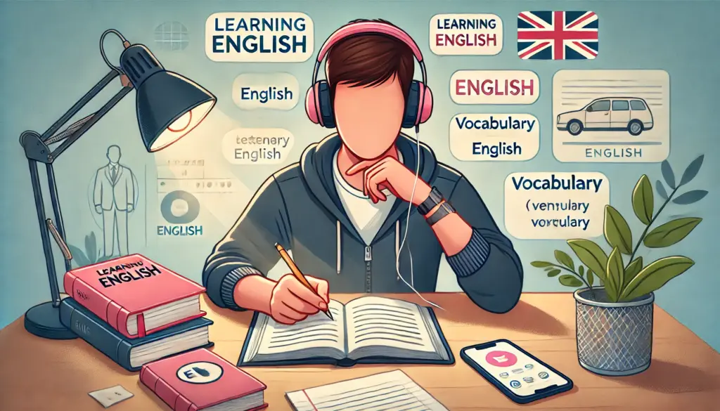 英語の音声教材をスマートフォンで聴きながら、ノートにメモを取り積極的に学習する人物のイラスト。リスニングと筆記を組み合わせた実践的な英語学習法を表現。
