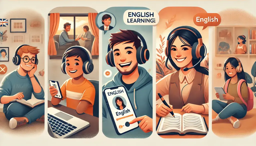 通勤中にスマートフォンで英語オーディオブックを聴く人、自宅で子どもと一緒に学習する親、旅行先で英語学習を楽しむ人など、さまざまなライフスタイルでAudibleを活用する学習者のイラスト。ポジティブな英語学習体験と成功談を表現。