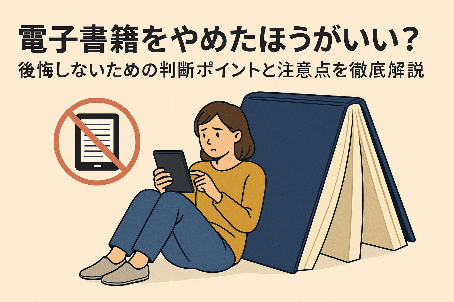 電子書籍をやめたほうがいいか迷う女性のイラスト｜スマホやタブレットで読書するメリット・デメリットを考えるシーン