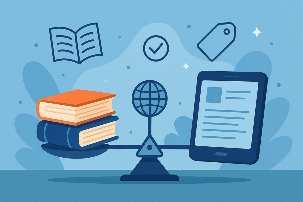 電子書籍を上手に使い分けるための読書シーンを象徴した抽象的なイラスト。紙の本と電子端末がバランスよく配置され、それぞれのメリットを示唆するデザイン。