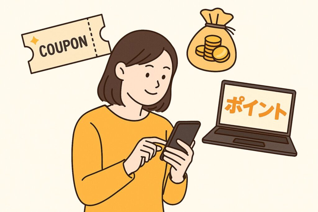 クーポン、ポイント、コインの要素を通じて、電子書籍購入で得られるメリットを視覚的に伝える。