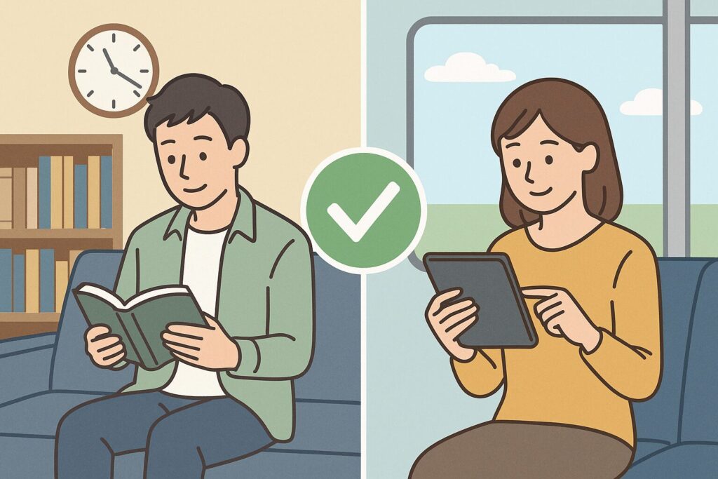 電子書籍と紙の本をシーン別に使い分けて読書を楽しむ男女のイラスト。自分に合った読書スタイルを見つけるシーン