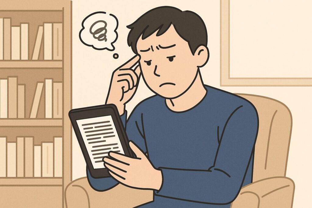 電子書籍をやめたほうがいい理由に悩み、目の疲れや使いづらさに困る読書体験に戸惑う男性のイラスト
