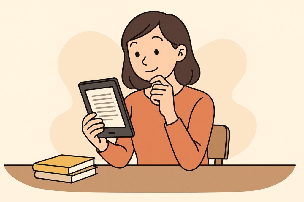 電子書籍をやめる前にメリットや見直しポイントを考える女性のイラスト。便利機能や活用方法を検討する読書シーン