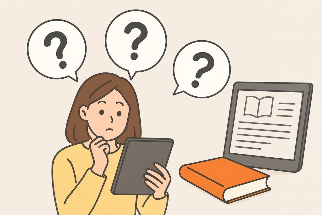 電子書籍に関するよくある質問に悩む男女のイラスト。FAQ形式で初心者の不安や疑問を解消するシーンを表現