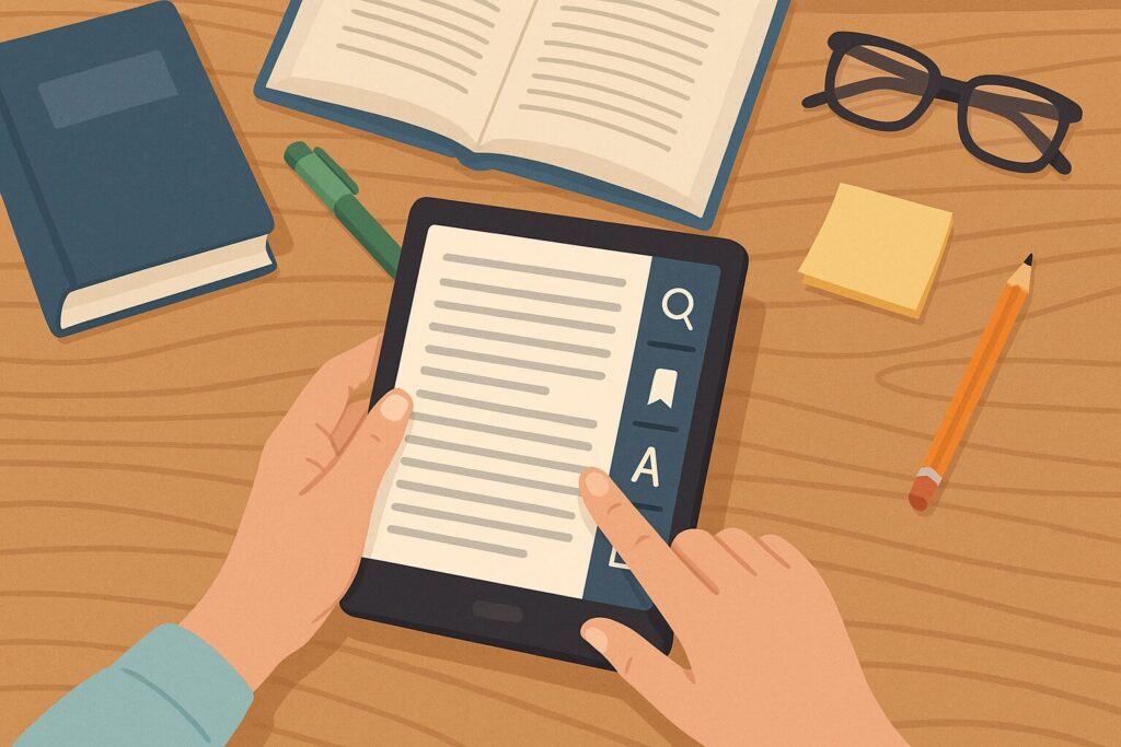 電子書籍リーダーで本を読んでいる様子と、機能を使いこなす手元のイラスト。