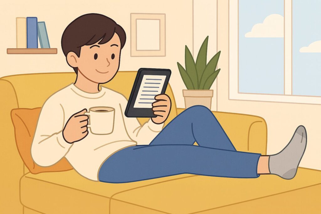 電子書籍を活用して日常的に読書を楽しむ若い女性がソファでくつろぎながら読書している様子