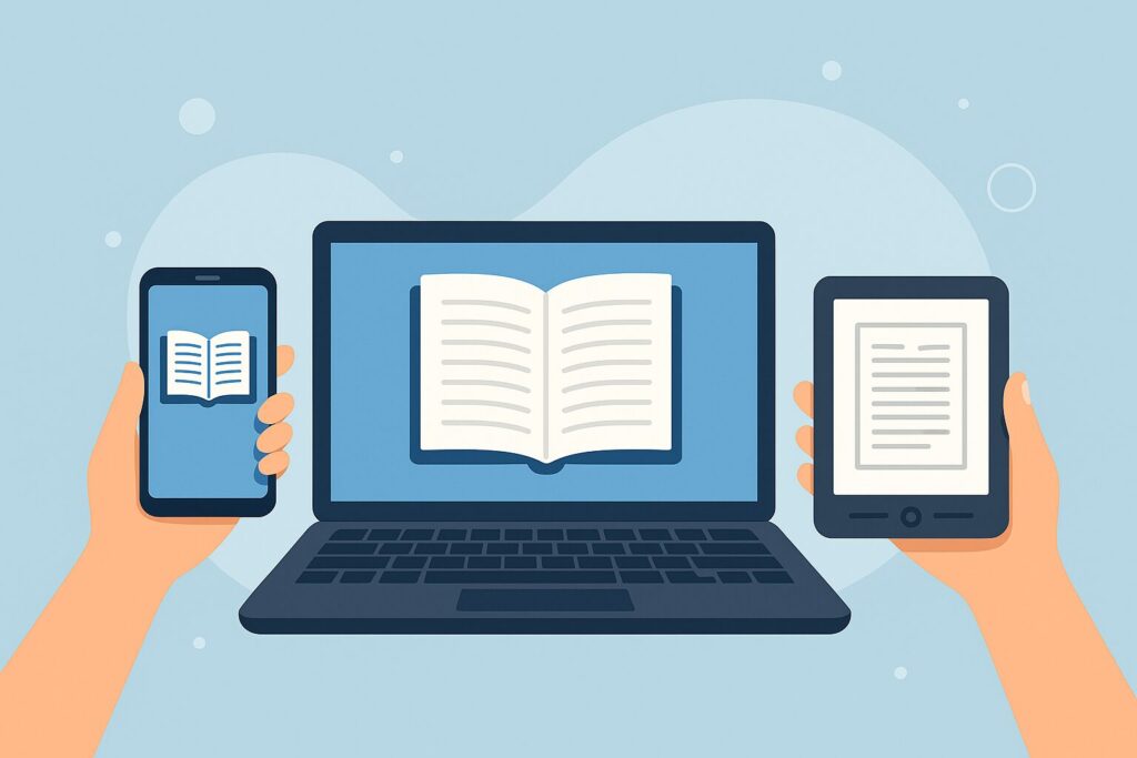 デバイス別としたスマートフォン・タブレット・PC・専用端末を使い分けて電子書籍を読むシーンを表現したイラスト