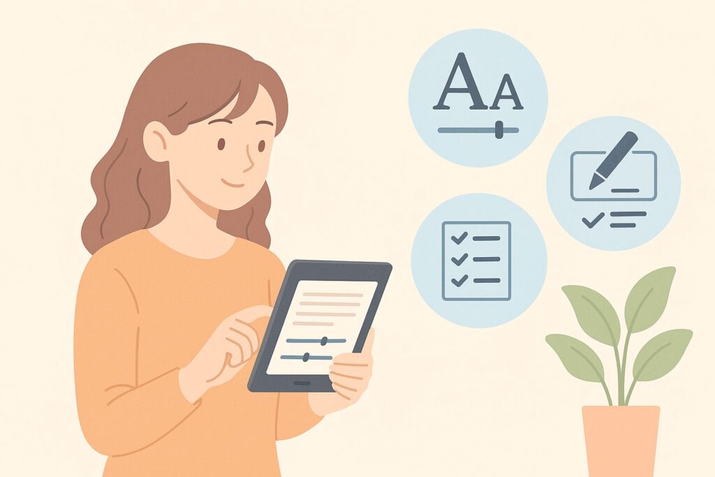 「電子書籍を読む女性がスマートフォンでカスタマイズ設定を操作しているイラスト