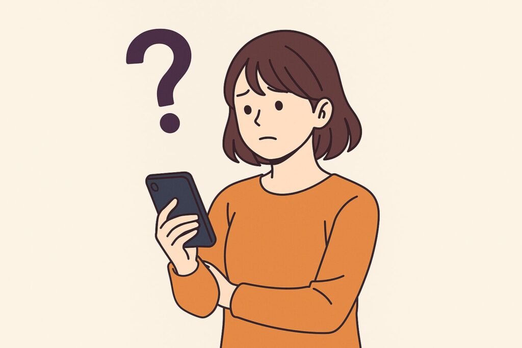 スマートフォンでブックライブ アプリを操作しながら、疑問を感じている女性のイラスト。よくある質問への理解を深めるイメージ