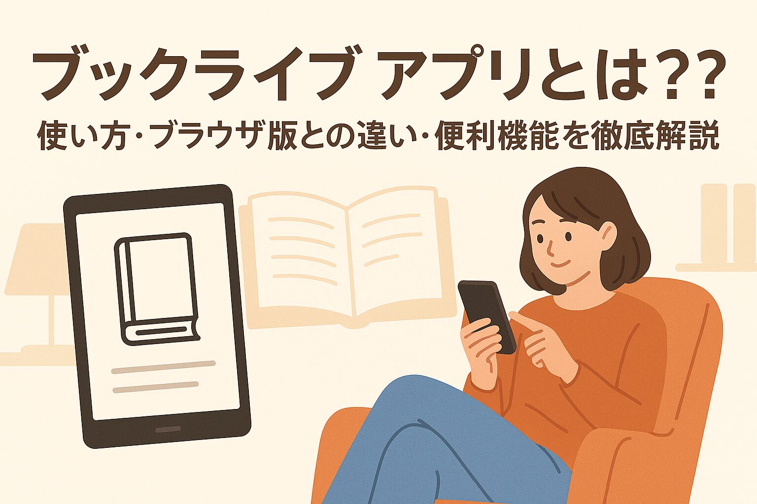 スマートフォンやタブレットで快適に読書を楽しむ若い女性のイラスト。電子書籍アプリの便利さや手軽さを表現した柔らかな雰囲気のビジュアル。