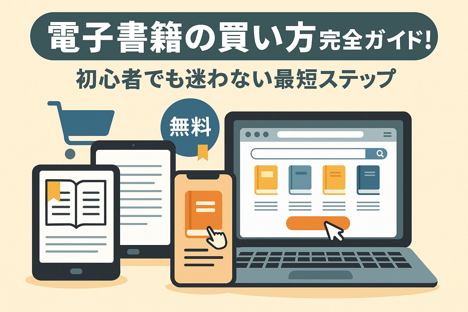 電子書籍の買い方をスマホやタブレットで実践する様子を表したデジタルイラスト。初心者向けに電子書籍ストアの選び方や購入ステップをイメージしたビジュアル