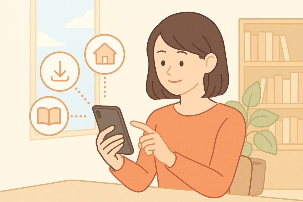 スマートフォンで電子書籍を操作する女性のイラスト
