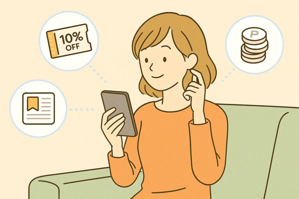 スマートフォンで電子書籍を読みながら、クーポンやポイント活用を検討している若い女性のイラスト