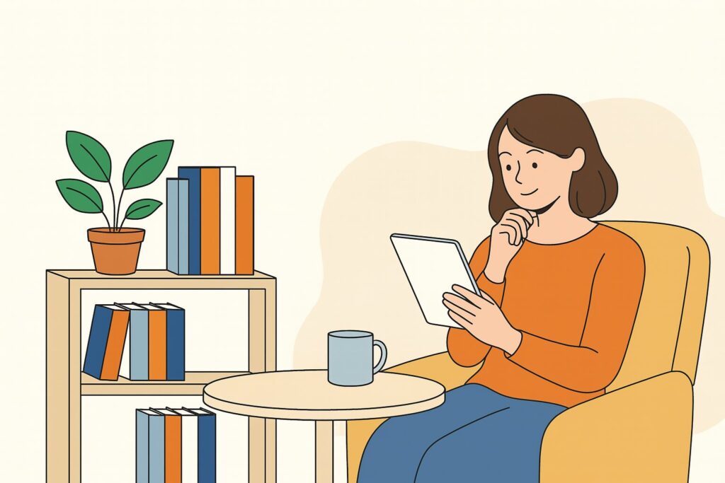 スマートフォンで電子書籍を読む若い女性のイラスト。快適な読書体験を楽しむ様子を描いた、明るく親しみやすい雰囲気のイメージ